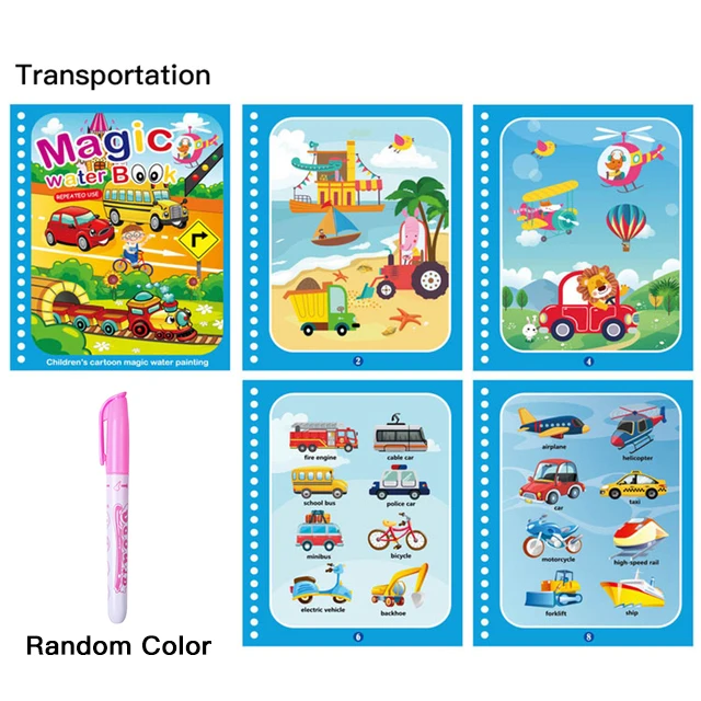 Magical Water Drawing Book Toys Variety of Themes Reusable Coloring Magic Water Drawing Book Early Education Toys for Children Transportation