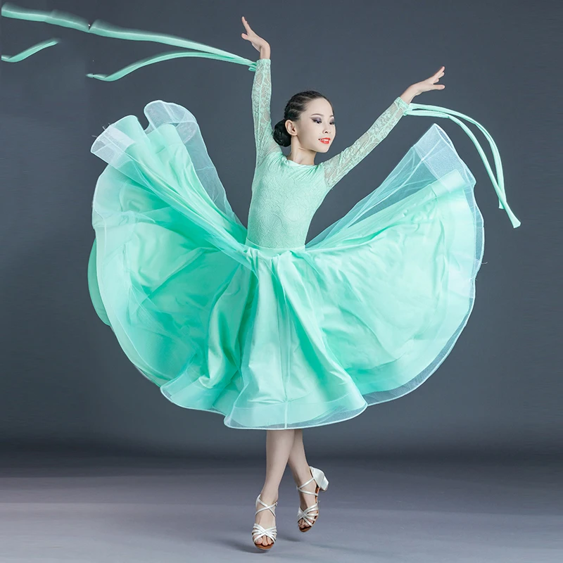 New Ballroom Dance Competition Dress For Girls Long Sleeved Lace Tops Skirts Suit Waltz Rumba Modern Dance Clothing DN12893