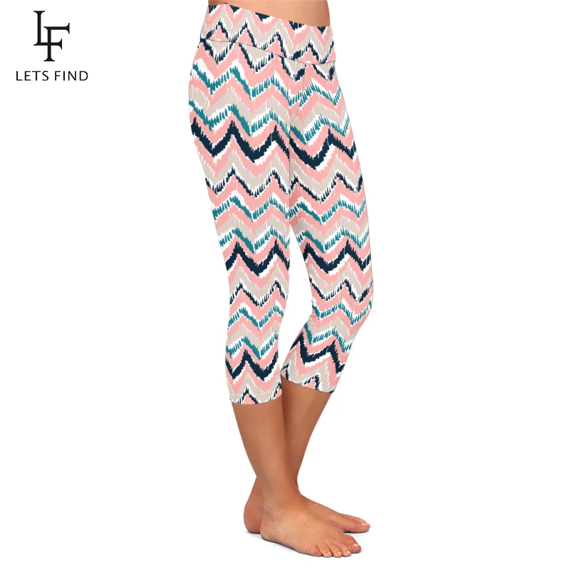 LETSFIND 2020 New Arrival Waves Printing Women Leggings High Waist  Fitness Soft Slim Elastic Capri Leggings for Summer