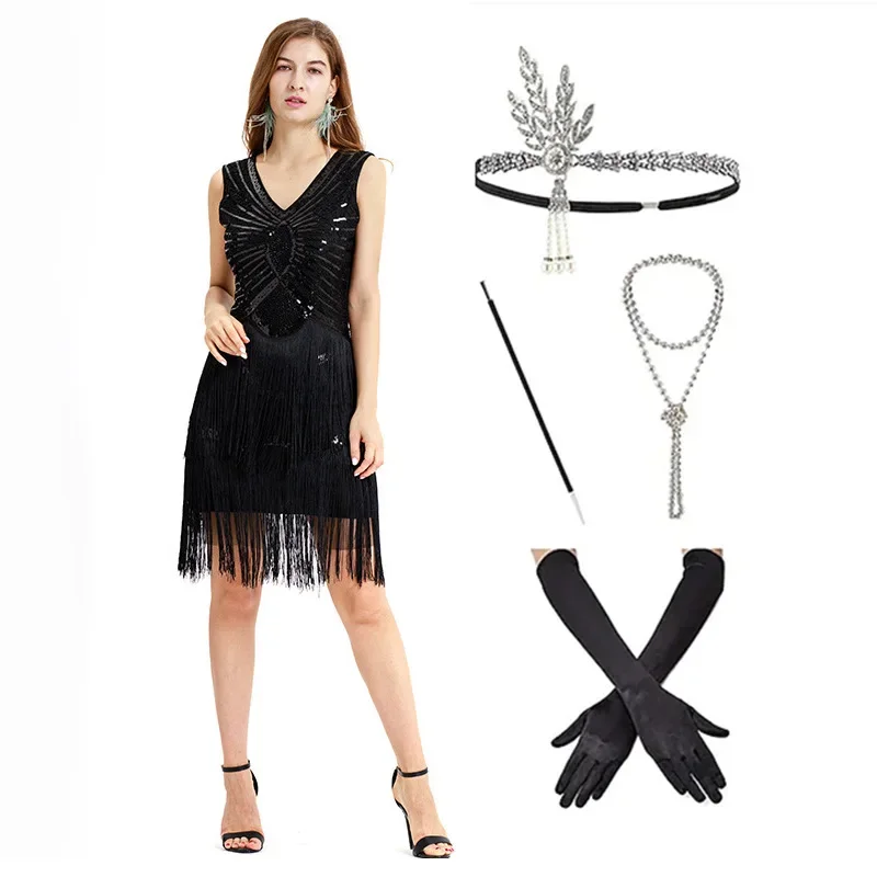 

Banquet Party Small Gatsby Dress Y2K 1920S Vintage Sequin Dress Ball Attending Evening Sleeveless V-neck Tassel Sexy Dress