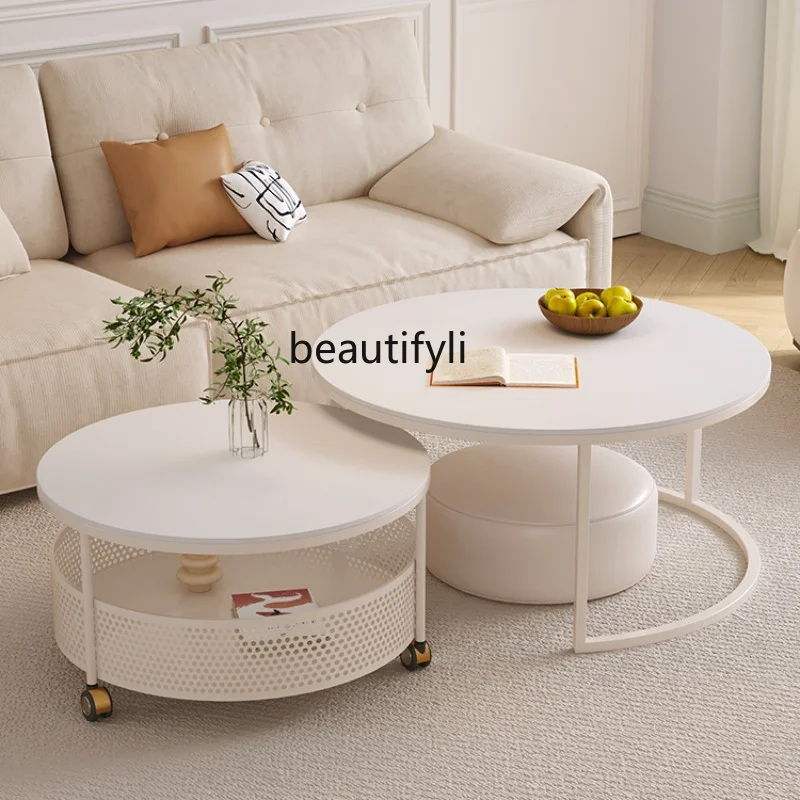 

Living Room Home Small Apartment Light Luxury Modern Cream Style Tea Table Portable Storage with Wheels living room furniture
