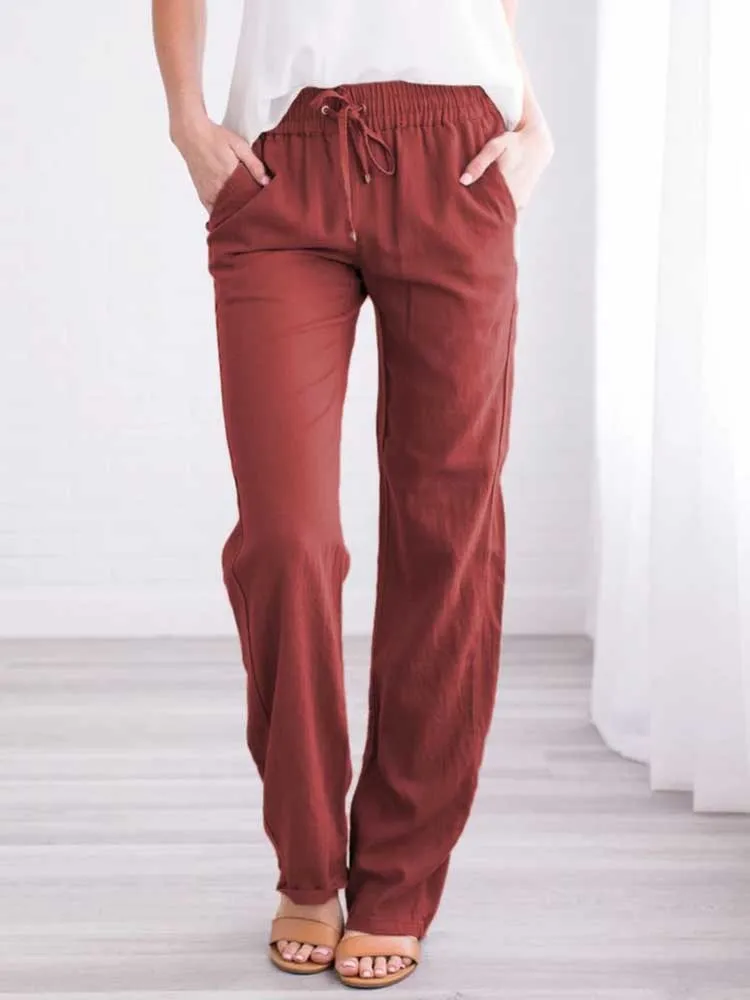 Women Cotton Linen Wide Leg Pants with Pocket for Summer