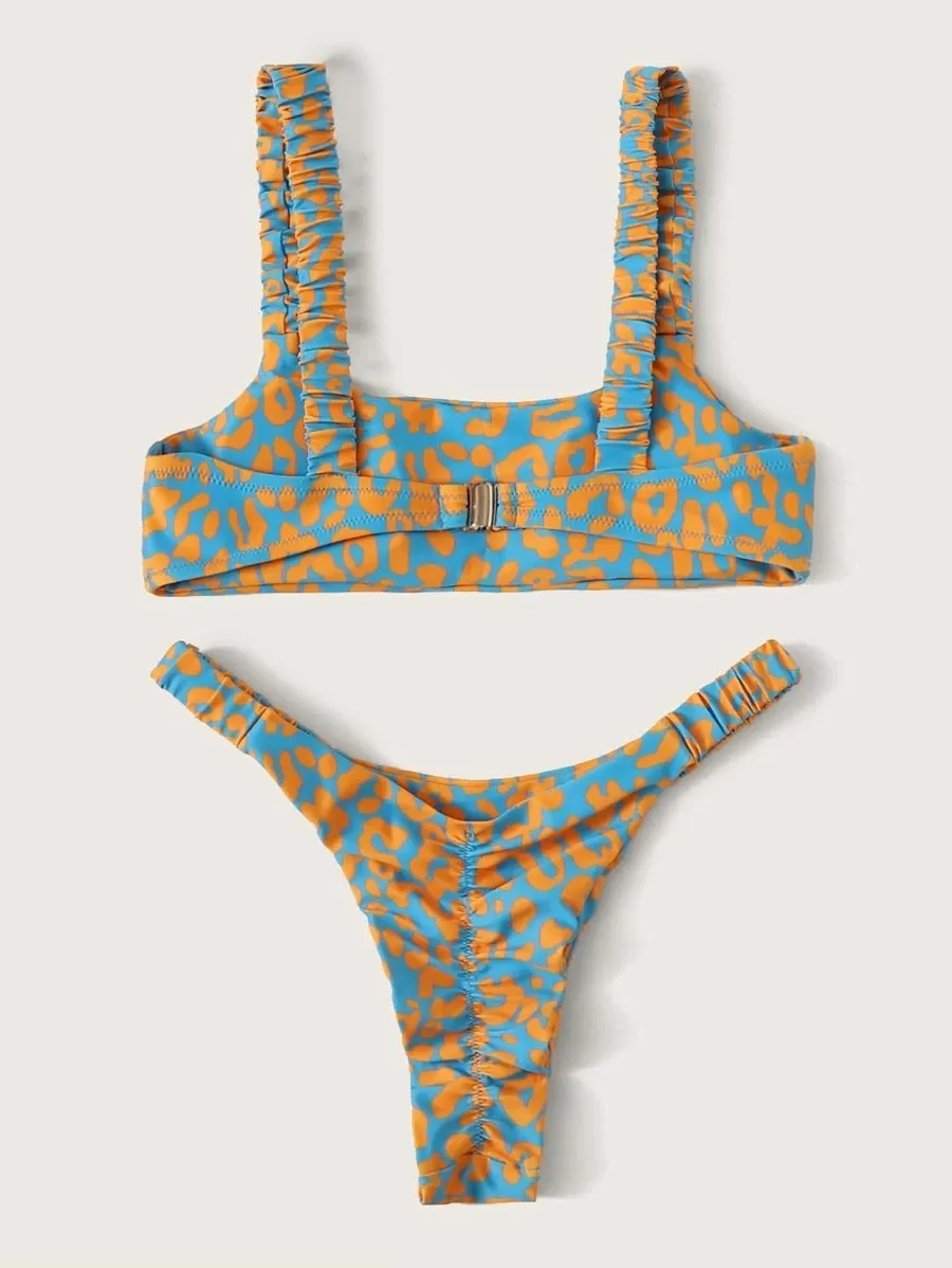 Women Orange Leopard Push Up Padded Thong Swimsuit Female Cut Out Bathing Suit Swimwear