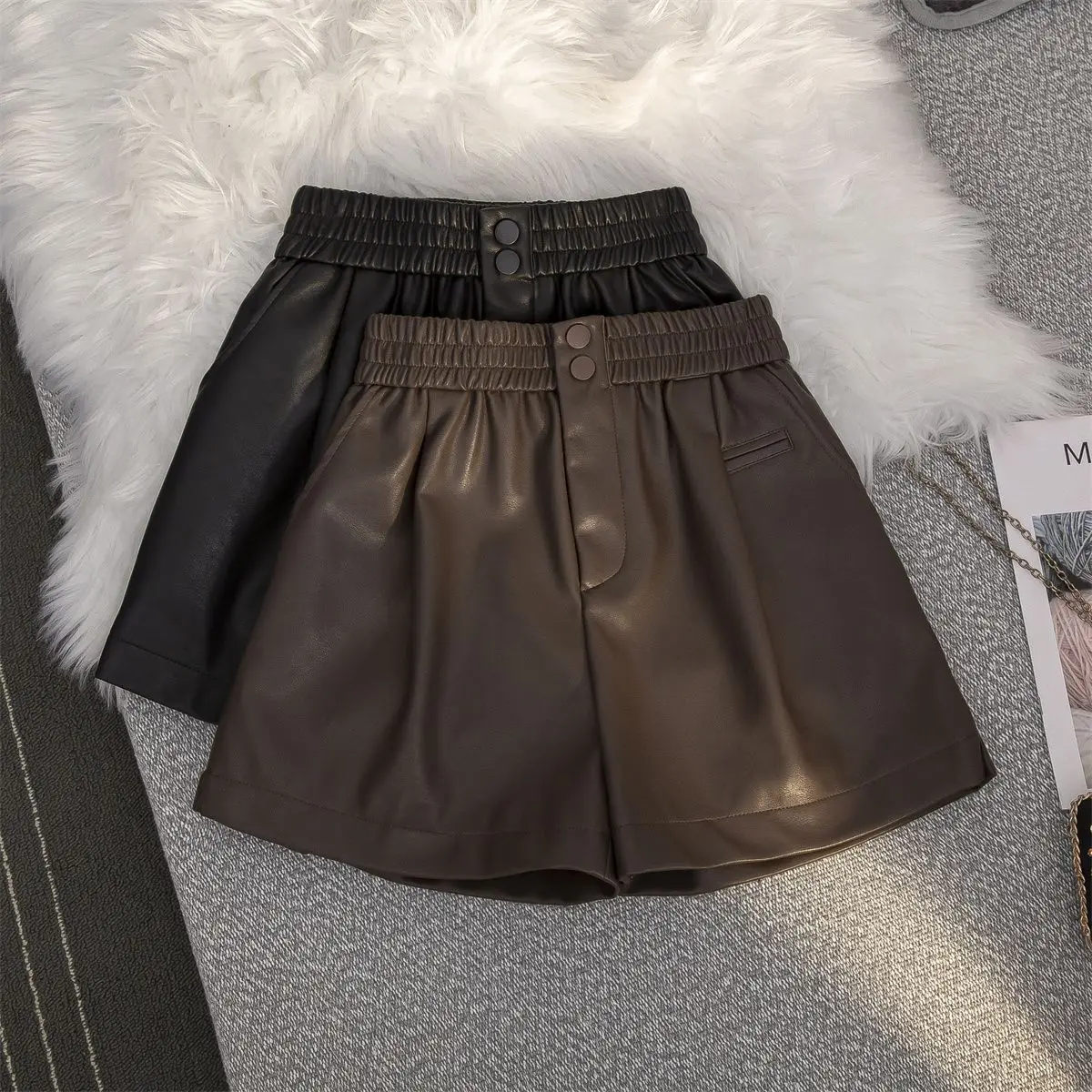 

Black Coffee Pu Leather Wide Leg Spring Autumn Winter Women'S Baggy 2022 Trend Streetwear Shorts Female Clothing High Waisted
