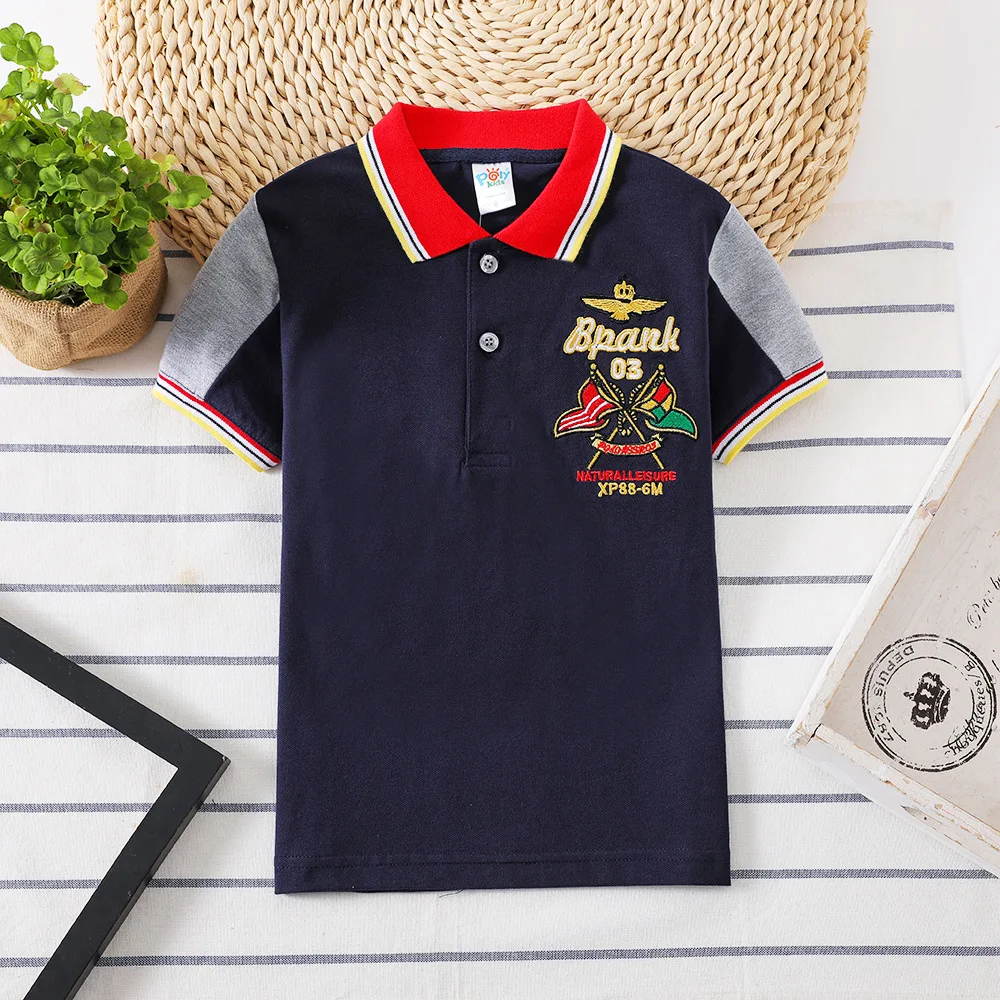 

Boys summer polo shirt Cotton ventilate Boys clothing Short Sleeve T Shirts Kids Turn-Down Collar Tops Embroidery pattern Tees