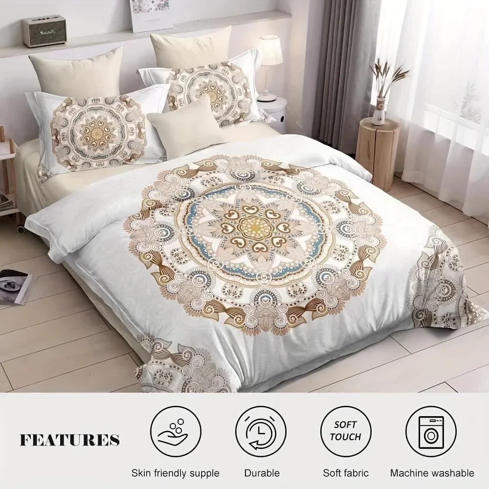 2Pcs Boho Duvet Cover Set Twin Size Yellow and White Print Soft Bedding Set, 1 Comforter (90''x68'') with 1 Duvet Cover
