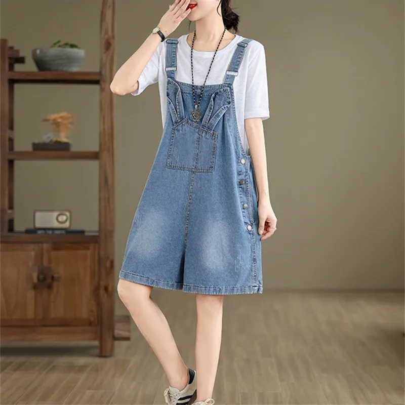 

Vintage Summer New Denim Jumpsuit Women Korean High Waist Loose Wide Straight Jeans Female Casual Suspenders Cowboy Shorts W319