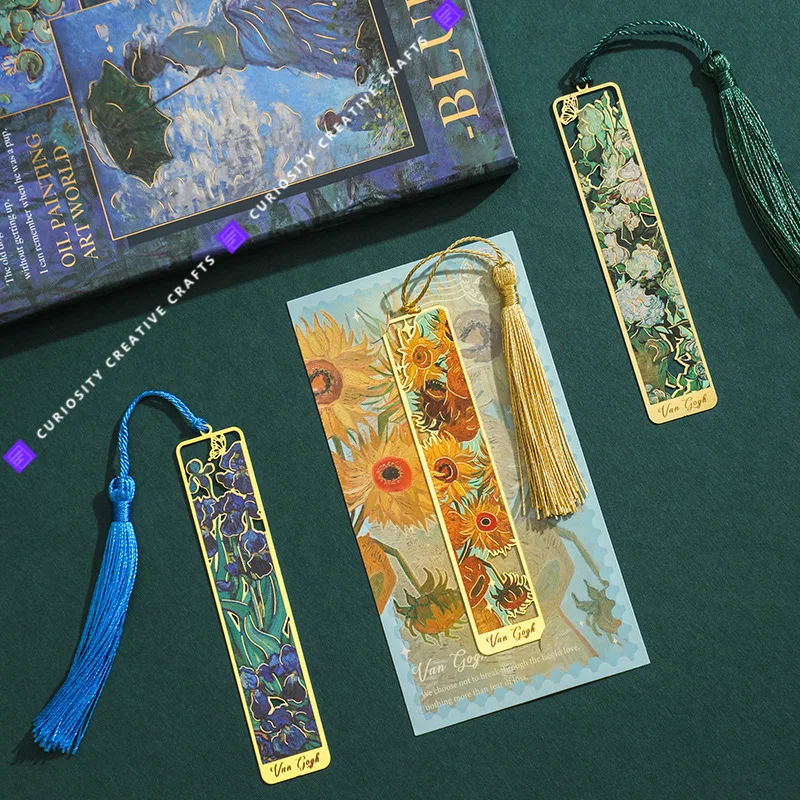 

Vintage Brass Metal Cutout Bookmarks with Famous Paintings - Van Gogh's Irises, Sunflowers, White Roses, Monet's Water Lilies