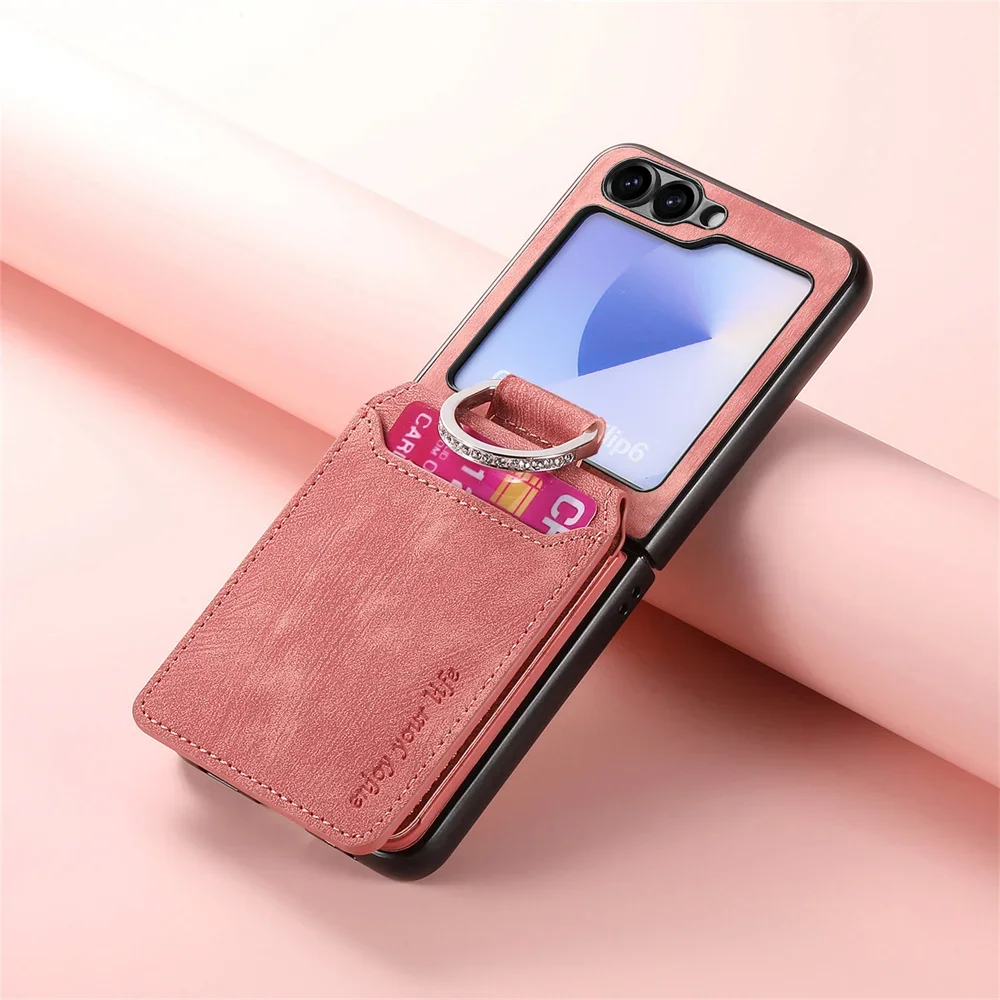 Vintage Leather Flip Phone Case with Ring Bracket and Card Holder Wallet