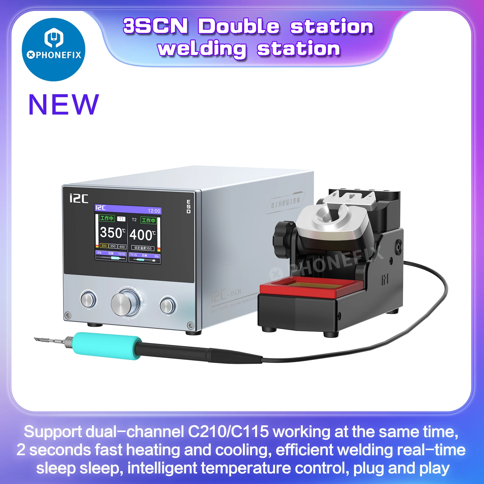 i2C 3SCN 120W Double Welding Station with C210 C115 Handle Electric Soldering Iron Tips Digital Display BGA SMD Rework Station