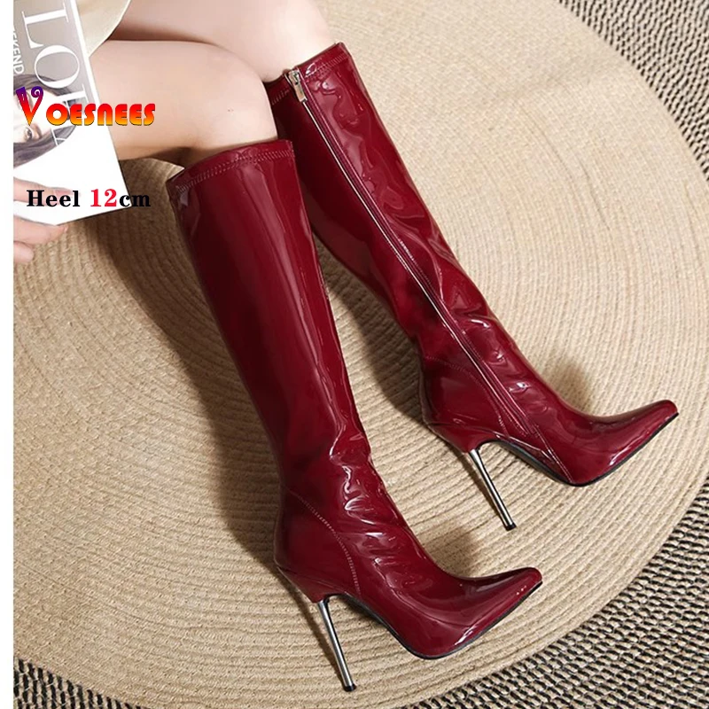 Matte Black Shiny Patent Leather Pointed Toe Zipper Tall Boots 12cm Metal Heels Women Knee High Boots Size 45 Party Dress Shoes
