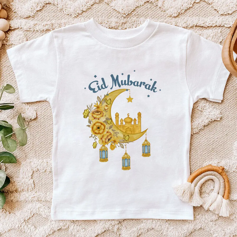 Eid Mubarak Moon Star Printed Kids Shirts Eid Ramadan Child T-shirt Tops Islamic Muslim Holiday Boys Girls Short Sleeve Outfit 5