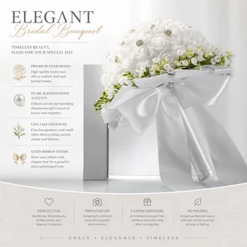 Bouquet da Sposa Classico Bianco con Rose in Raso, Strass, Perle e Fiocco in Raso per Matrimoni Formali ed Eleganti