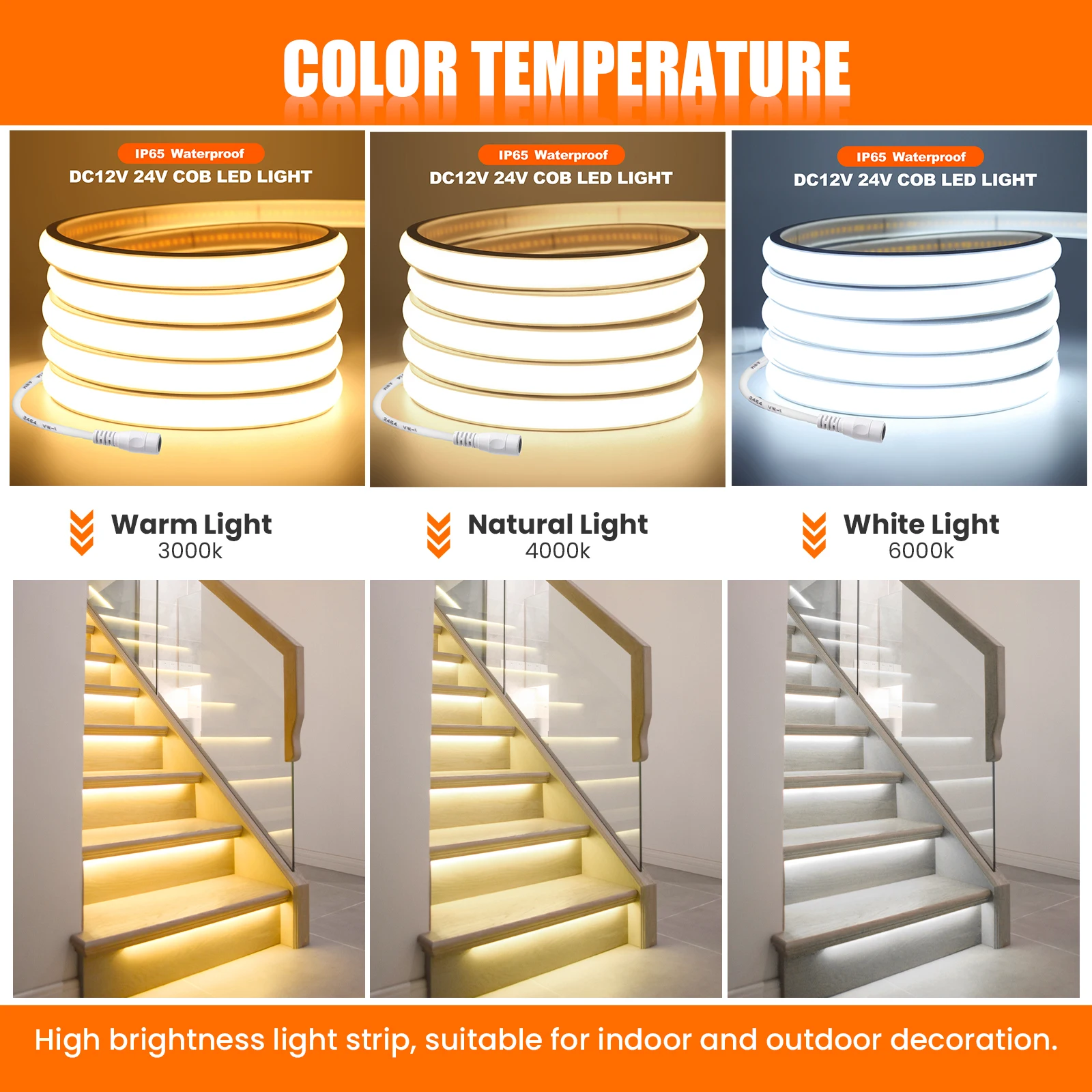 Versatile Waterproof COB Neon LED Strip Light for Home Decor - High Brightness, Flexible Ribbon in Warm, Neutral, and Cool White, Various Lengths Available