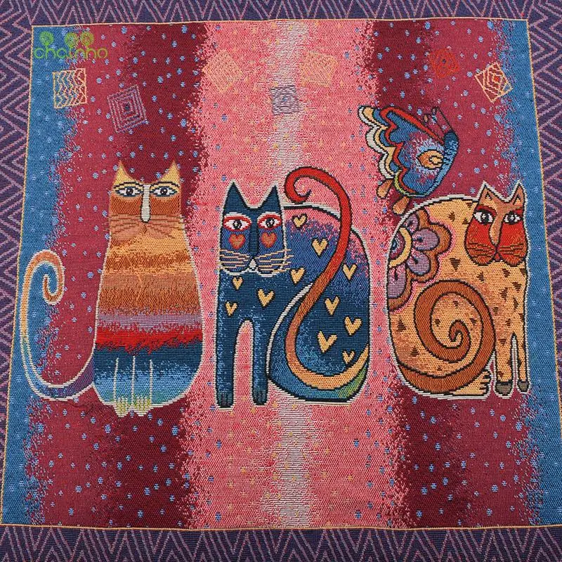 Chainho,Yarn Dyed Polyester Linen Jacquard Fabric,DIY Sewing Cushion,Bags Material,Cats Cartoon Series,4 Pieces/Lot,48x48cm