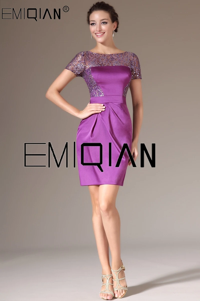 New Purple Wedding Reception Dress,Mini Party Dress,Short Sleeves Sequined Lace Cocktail Dresses