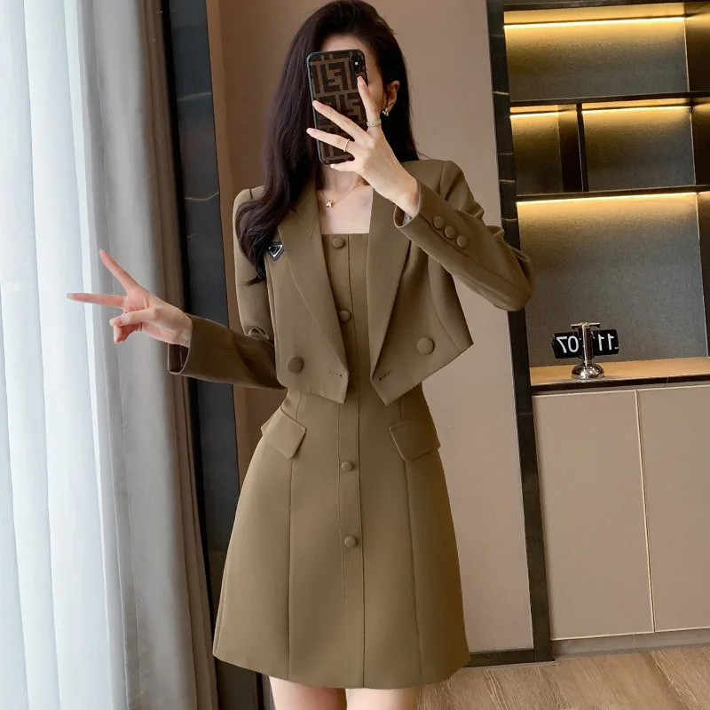 

Coffee Color Short Suit Coat Women's Spring and Autumn 2023 New Suit Suspender Skirt High-Grade Fried Street Dress Suit