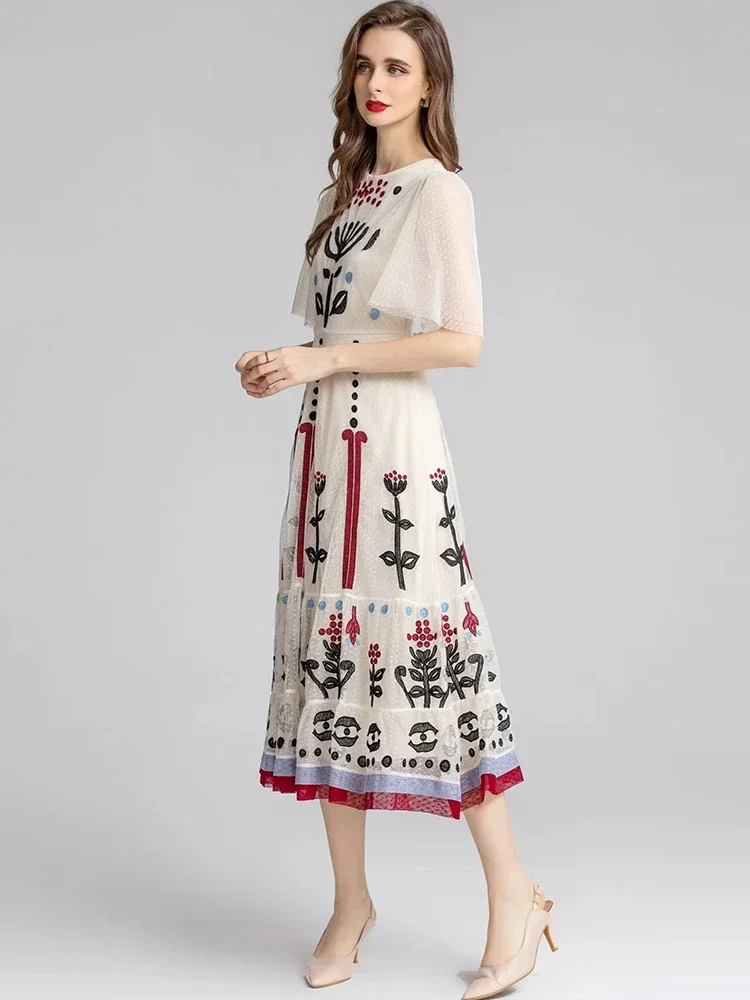 

2023 Fashion Designer Summer Women's Flare Sleeve Flower Embroidery Polka Dot Mesh Vintage Party Dresses
