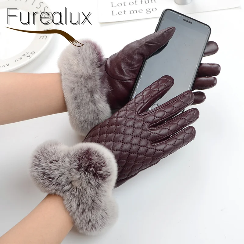 Womens Real Fur Genuine Gloves Winter Gloves Rabbit Fur Skin