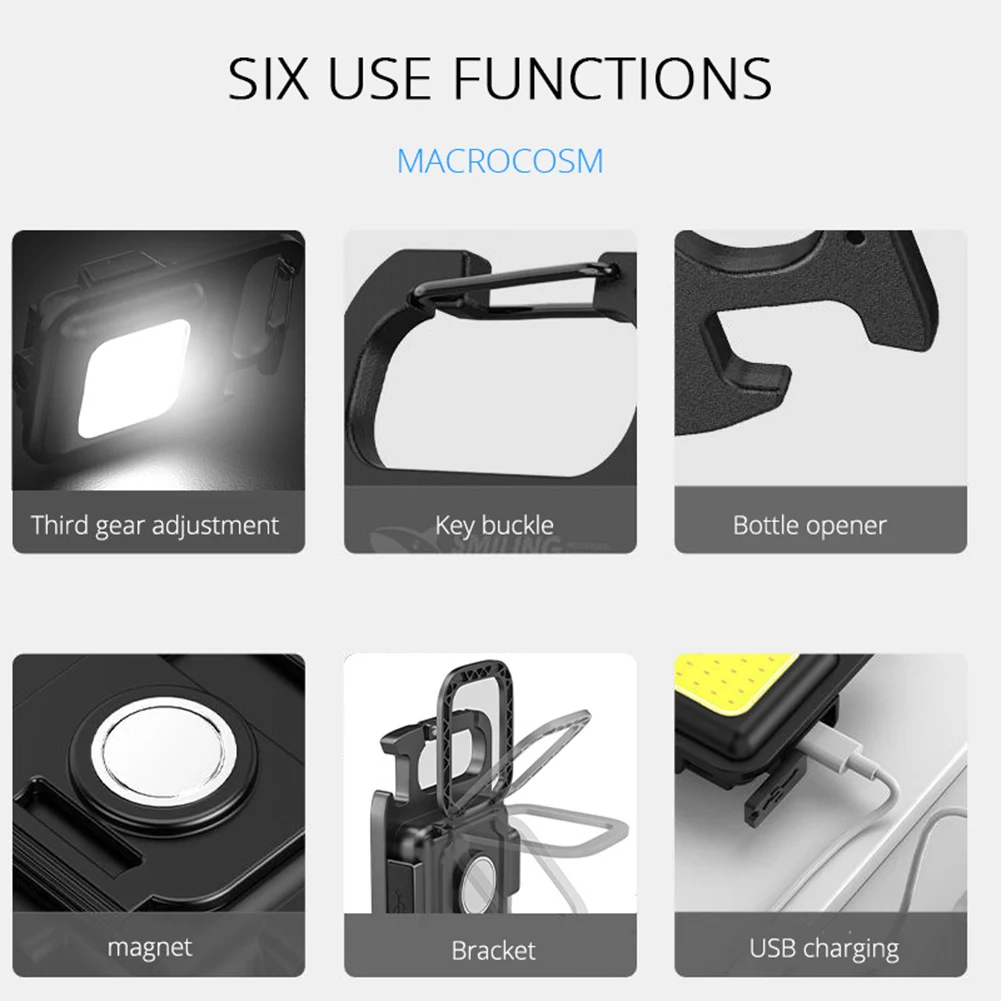 COB Mini Working Light 4 Modes with Hook Bottle Opener for Outdoor Camping Hiking Multifunctional LED Pocket Flashlight