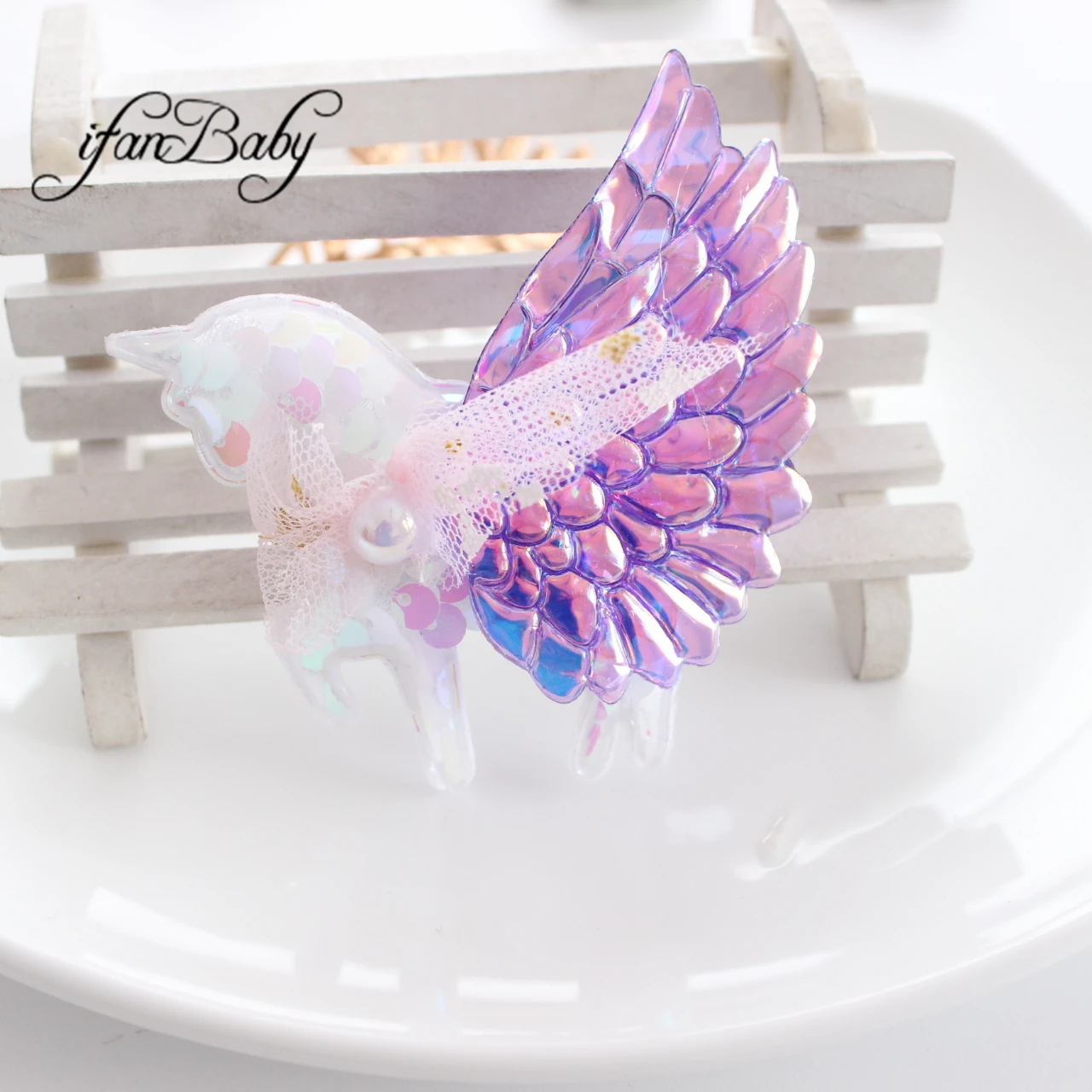 Neue Mode Einhorn Flügel Pailletten Haars pangen Kinder Mädchen Haarschmuck 1St – Detail 1