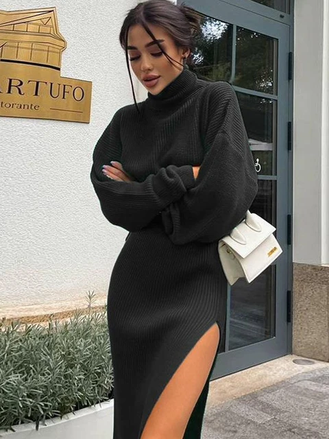 Split Turtleneck Cashmere Knit Dress - Luxury Black