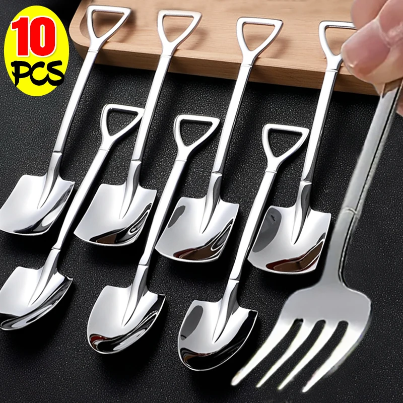 10/1PCS Stainless Steel Forks And Spoon Creative Shovel Shaped Spoons Dessert Fork Ice Cream Scoops Home Tableware Cutlery Set