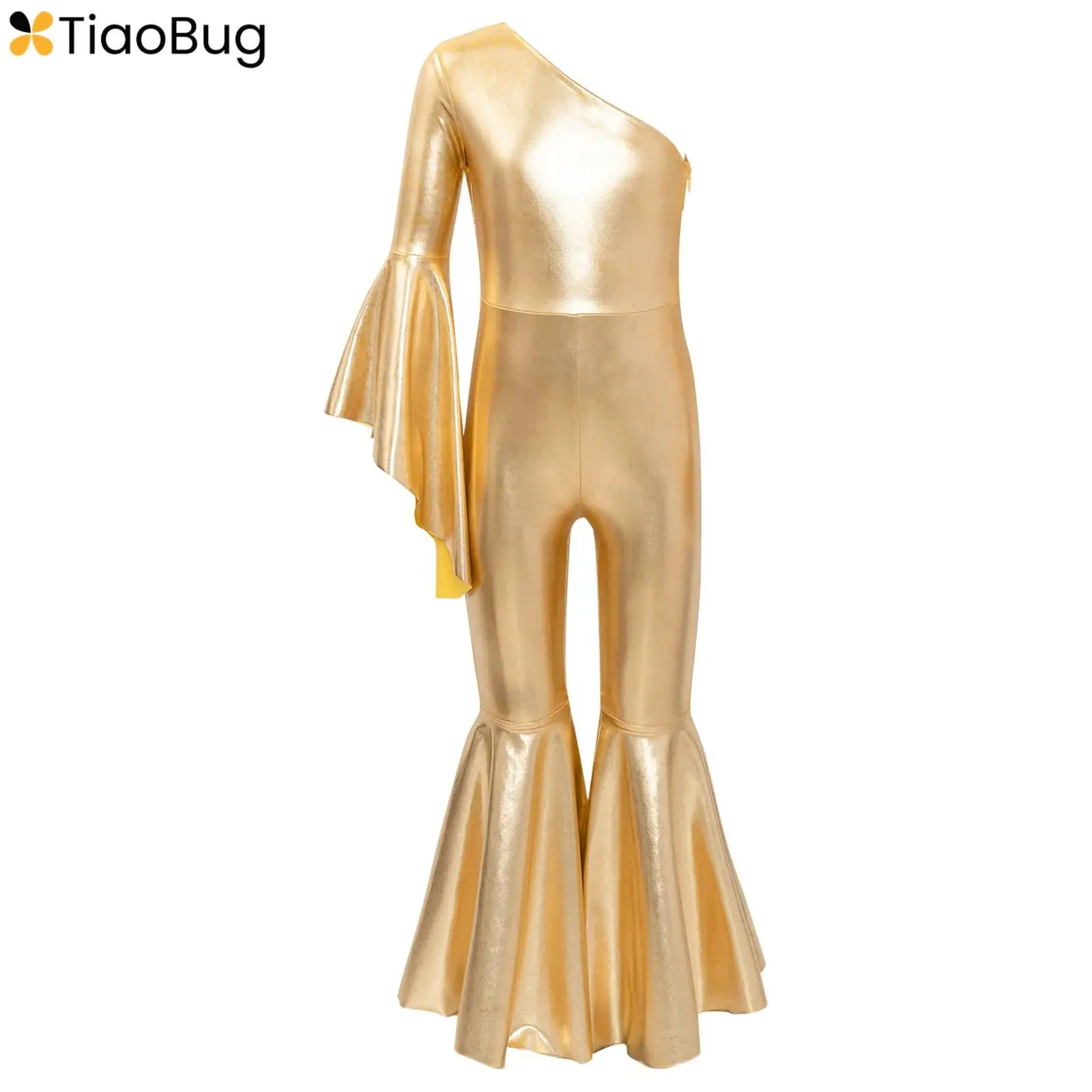 

Kids Girls Metallic Bell-Bottom Ballroom Dance Jumpsuit One Shoulder Flare Long Sleeve Bodysuit Christmas Performance Costume