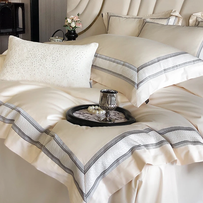 GRADIENT 100% Egyptian Cotton Luxury Embroidery Hotel Style Soft Bedding Set Duvet Cover Bed Sheet Fitted Sheet Pillowcases 4Pcs 2