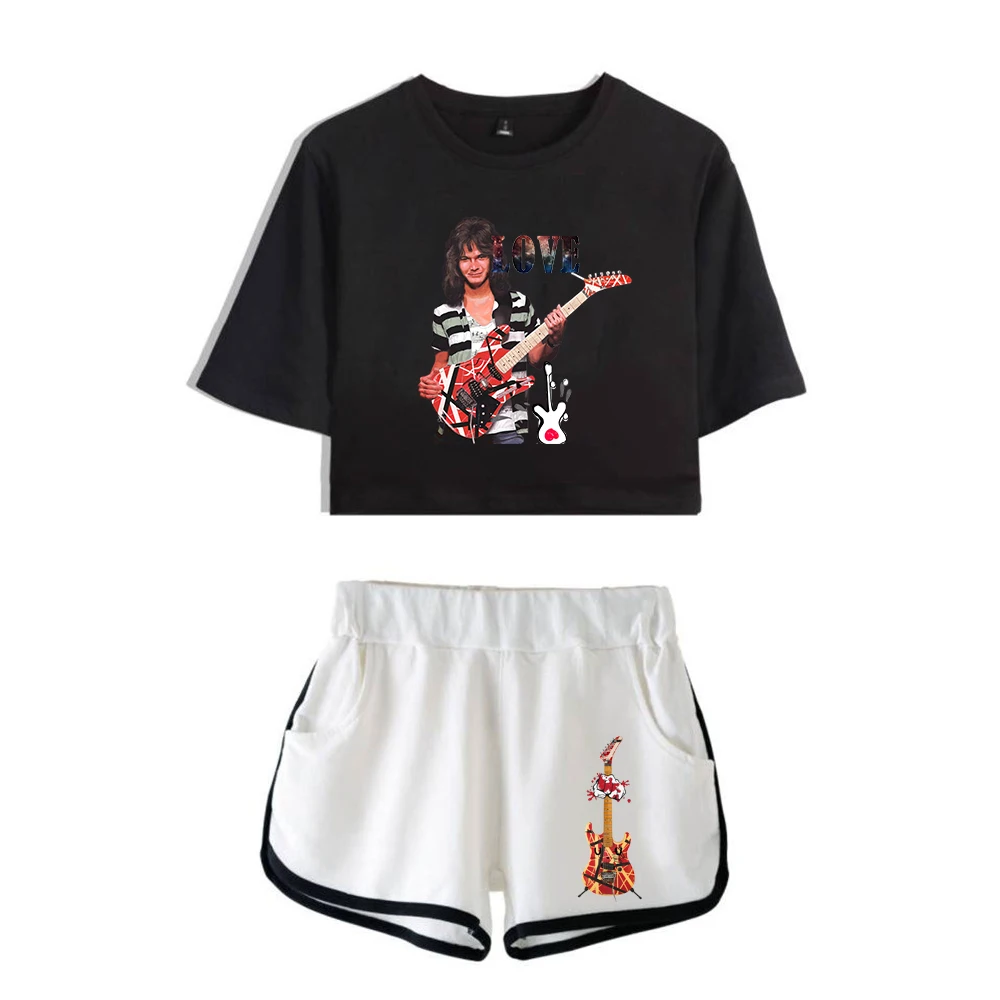 

Fashion Youthful Van Halen Print Two Piece Set Women Sexy Shorts+lovely T-shirt Cute Dew navel Sport Girl suits