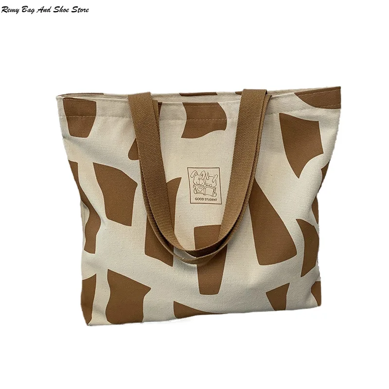 

Women's Fashion Geometric Canvas One Shoulde College Student Load Books Korean Style Zipper Literary Tote Bag for Women