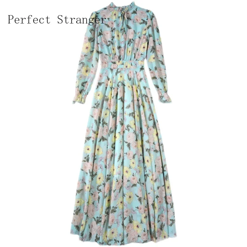 2022 Spring Summer New Arrival  Vestido De Mujer Hot Sale Flower Printed Long Sleeve Women Chiffon Long Maxi Dress High Quality