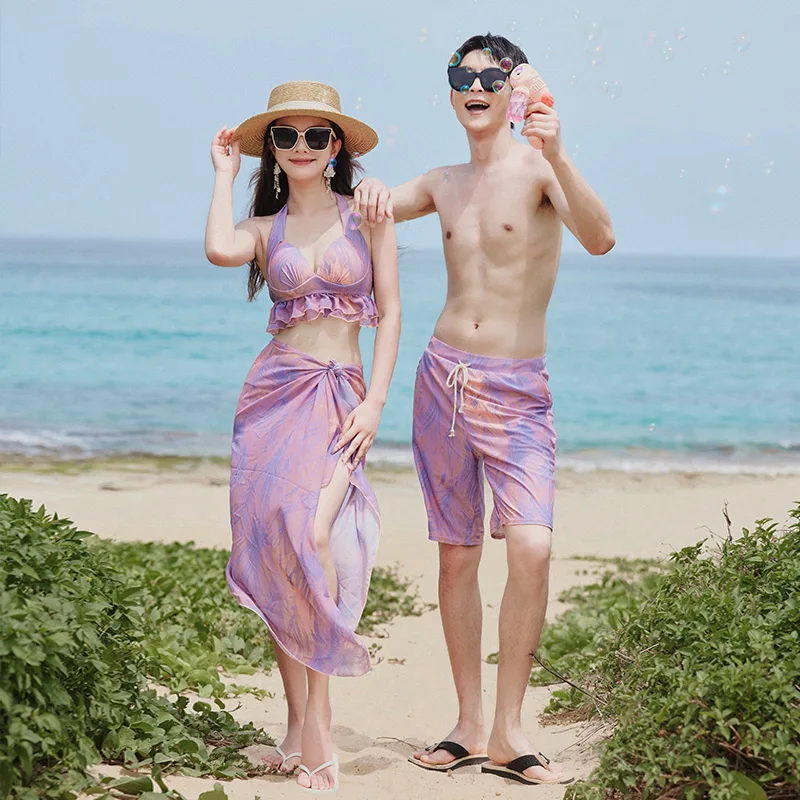 Women Swimsuit Bikini piece set pink printed Mens Short Lover's