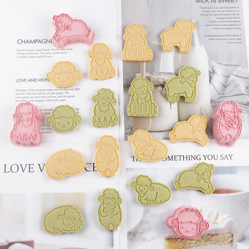 8pcs Cartoon Lamb Cookie Cutter Set Little Sheep Fondant Embosser Stamp Dessert Pastry Biscuit Mold Cake Decorating Tools