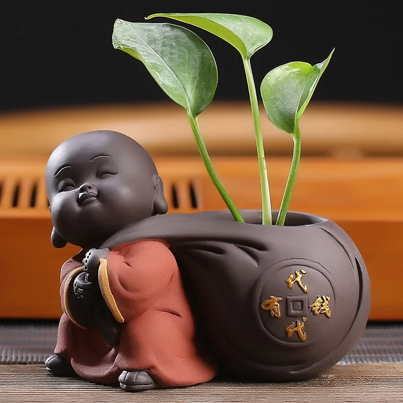 Fortune Lucky Little Monk Purple Clay Tea Pet & Mini Vase 1