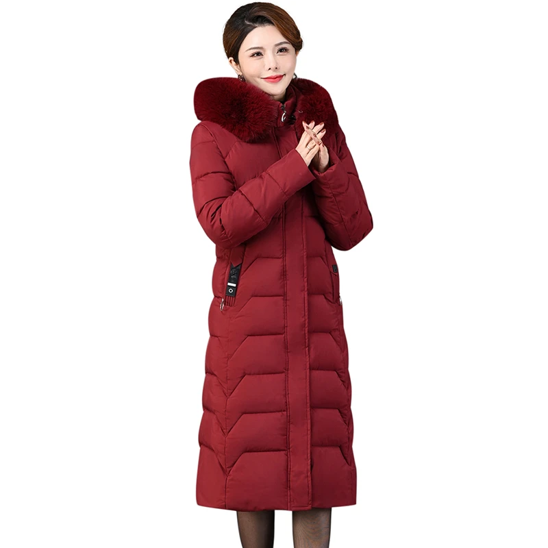 

Over The Knee Women Winter Slim Coat Cotton Padded Parkas Outerwear Thick Warm Winter Coats with Fur Hooded Outerwear White