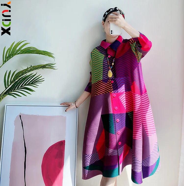

YUDX Miyake Woman Midi Pleated Dress Hit Color Stripe Print Lapel Collar Full Sleeve Loose Elastic Casual Style 2023 New Summer