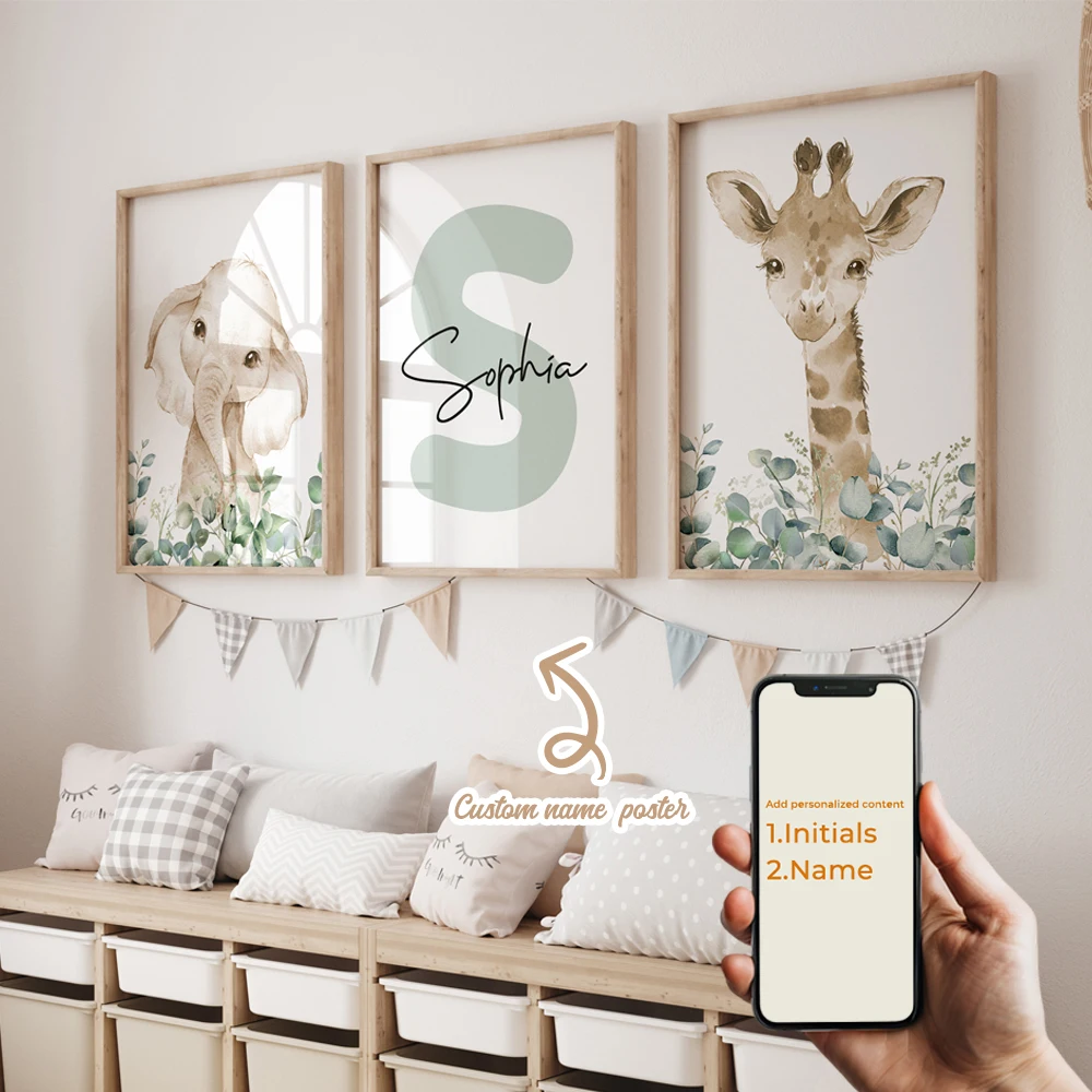 3pcs Personalized Custom Name Cartoon Forest Animals Wall Art Print Picture Canvas Poster Painting For Living Room Home Decor 3