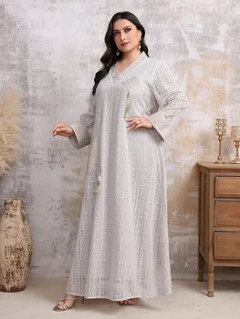 Dubai Women Plus Size Long Sleeve Dresses Casual Loose V-Neck Tassels Dresses Evening Large Size Long Sleeve Party Dresses Islam