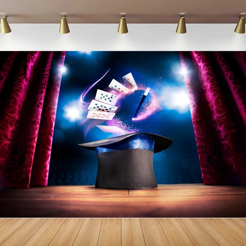 Magic Show Photography Backdrop Black Hat Magic Wand Poker Cards Theater  Stage Red Curtains Background Magic Birthday Party - AliExpress