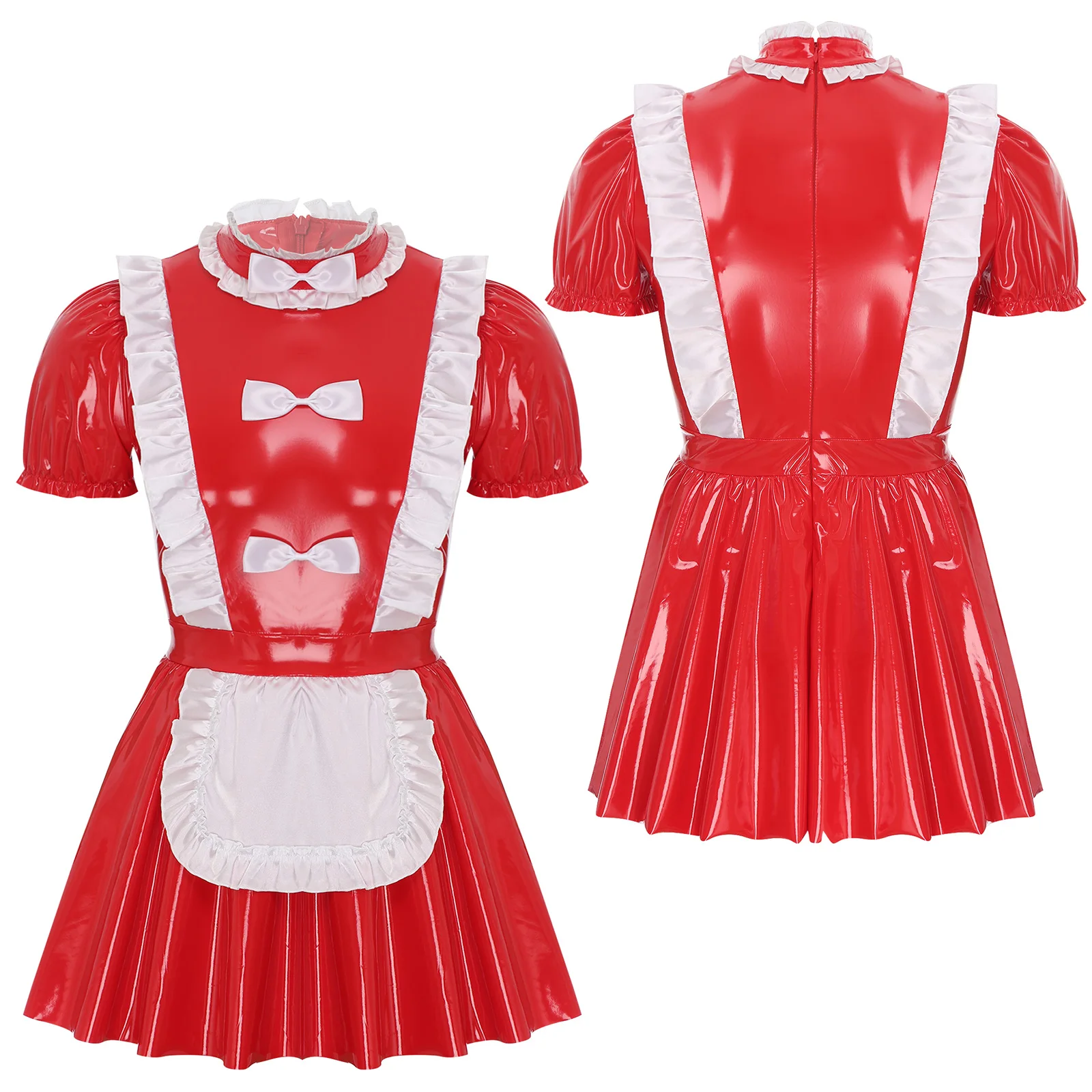 Mens Sexy Sissy Maid Uniform Outfit Wetlook Latex Ruffles Short Sleeve A Line Dress Crossdressing Costume Theme Club Dancewear