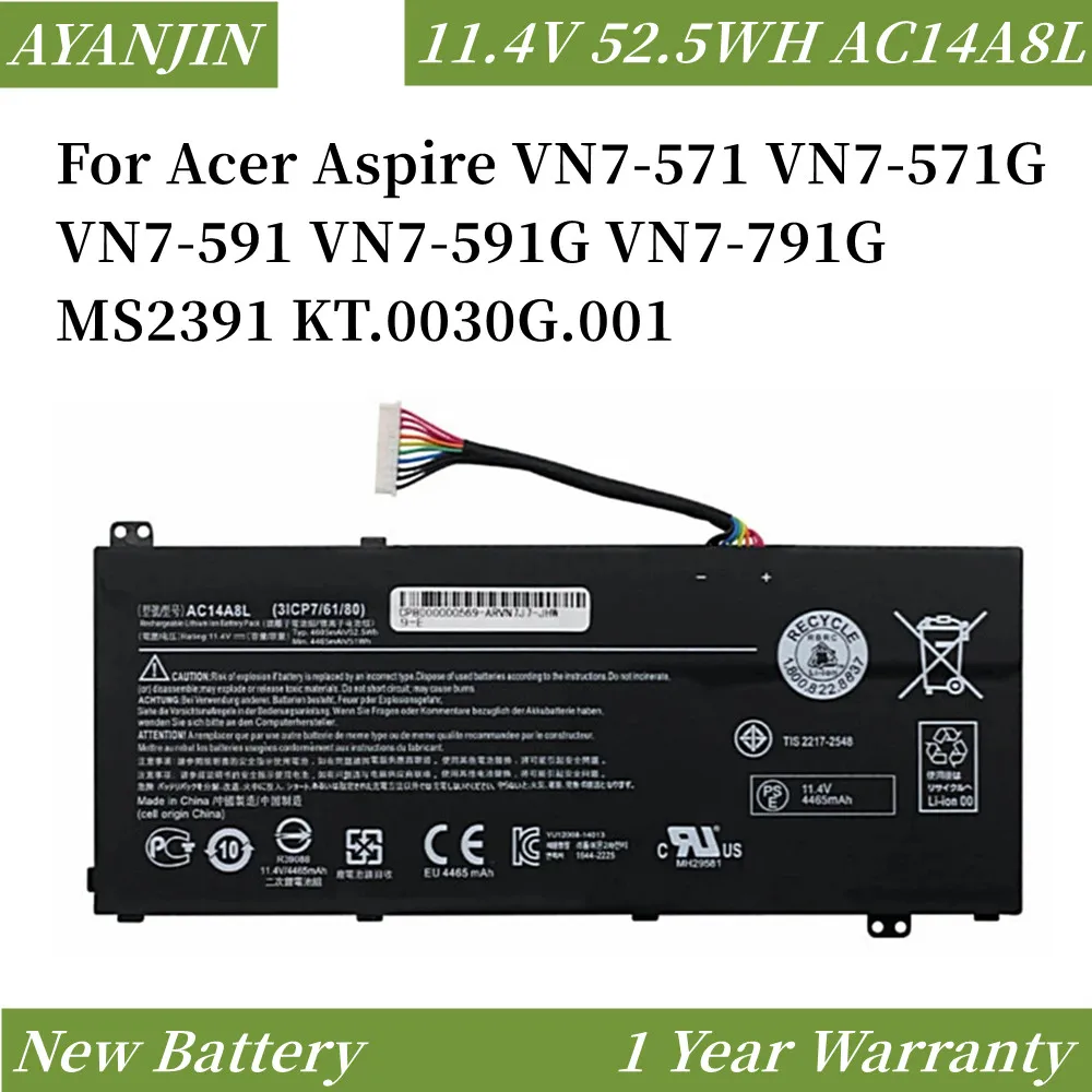 

11.4V 52.5WH/4605mAh AC14A8L Laptop Battery For Acer Aspire VN7-571 VN7-571G VN7-591 VN7-591G VN7-791G MS2391 KT.0030G.001
