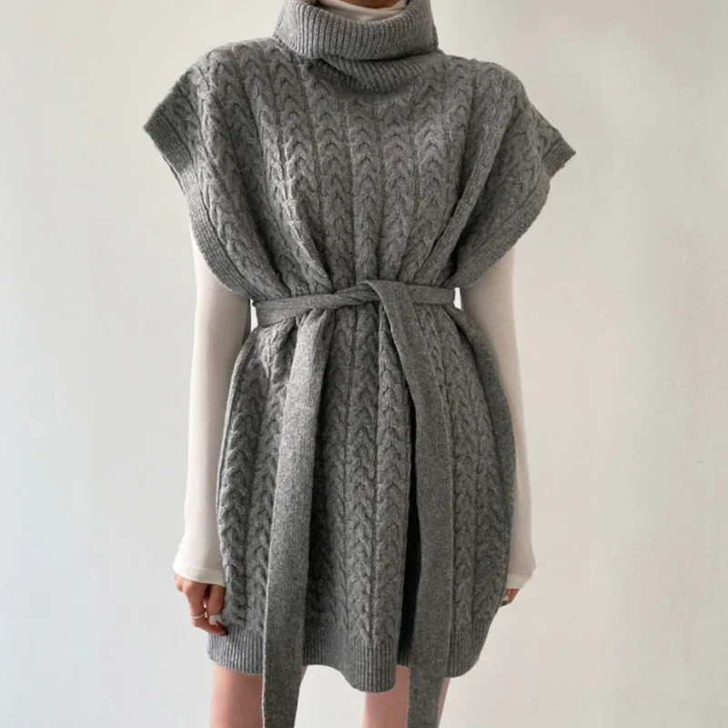 

2023 Women All-Match Turtleneck Loose Spring Fall Solid Sweater Waistcoat with Belt Indie Female Vinatge Gray Twist Knitted Vest