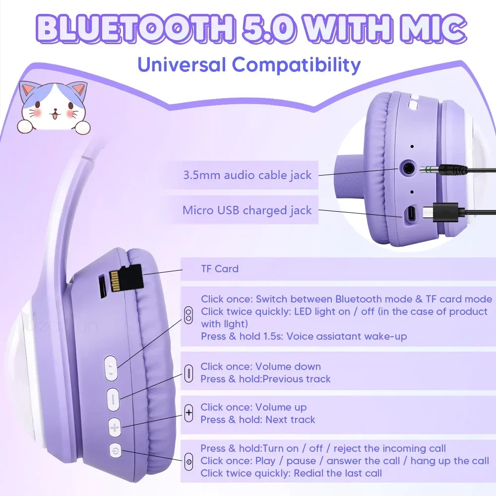 Gradient Cat Ear Headphones RGB Wireless Headphones Girls Kids Headset with Microphone Stereo Music Bluetooth Headsets Gifts