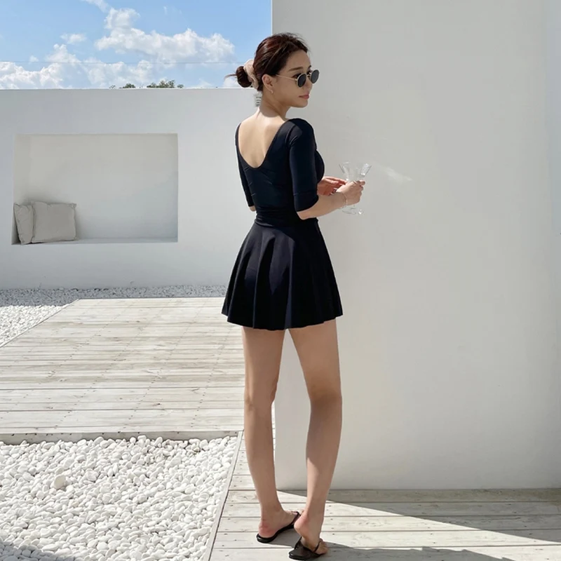 Short Sleeve One Piece Swimsuit Women Solid Black Swimwear Skirt Monokini Ruffle Bathing Suit Push Up Pad High Cut Korea Style