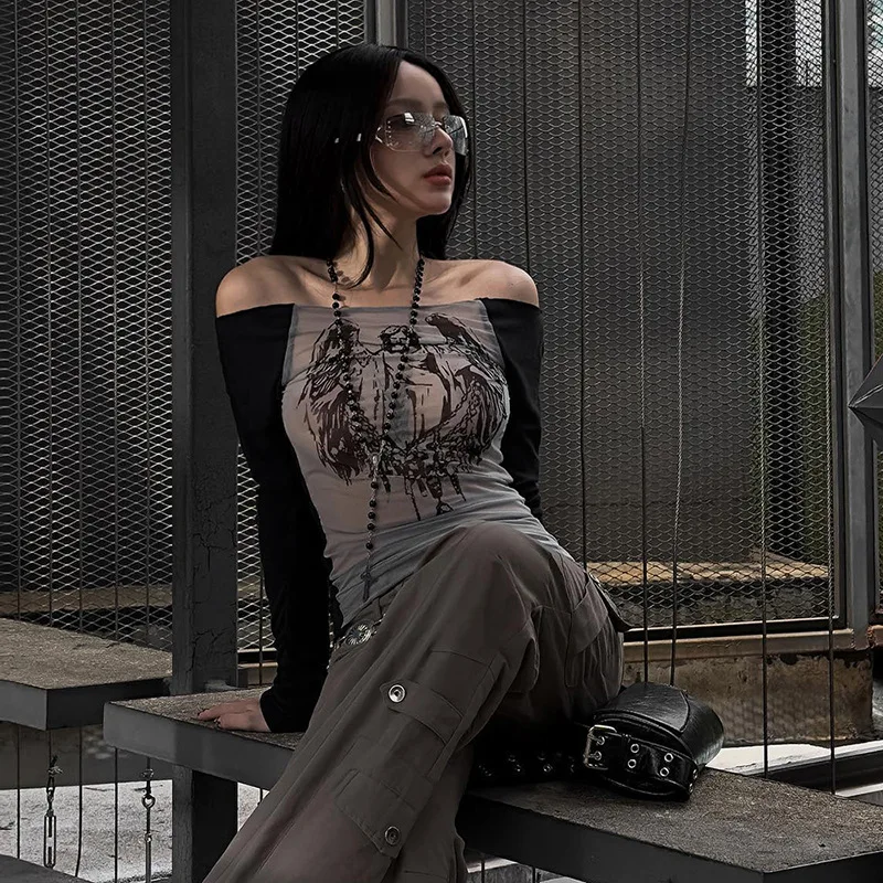 Fashion Knitted Mesh Character Print Graphic T Shirts Casual One-Piece Neckline Long Sleeve Women Clothes See-Through Y2k Top