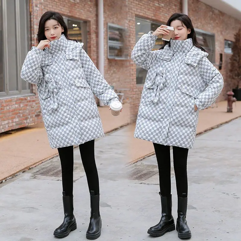 Winter Warm Clothes for Women Long Hooded Down Jacket White Duck Down Chessboard Grid Mid Length Korea Winter Women's Cold Coat