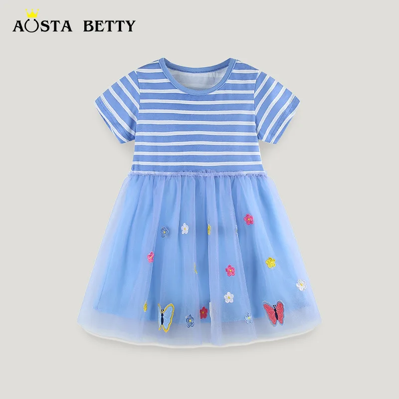 

Summer Girls Dress Butterfly Flower Embroidery Princess Mid-child Fashion Striped Tulle