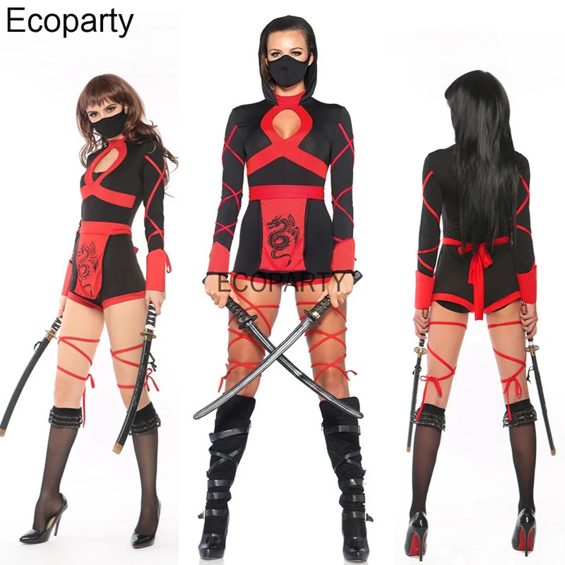 

New Women Sexy Japanese Warrior Ninja Cosplay Costume Black Red Bodycon Hollow Jumpsuit Halloween Carnival Party Fancy Outfits