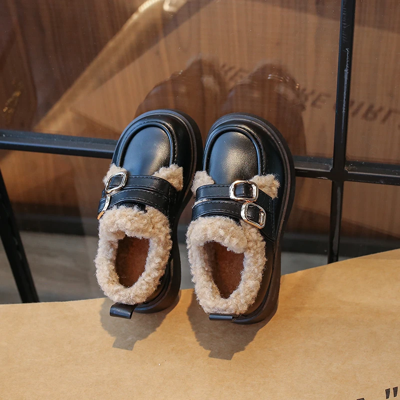 Children Leather Shoes British Style Thick Bottom Girls Plush School Casual Loafers Warm Thicken Kids Cotton Shoes Autumn Winter